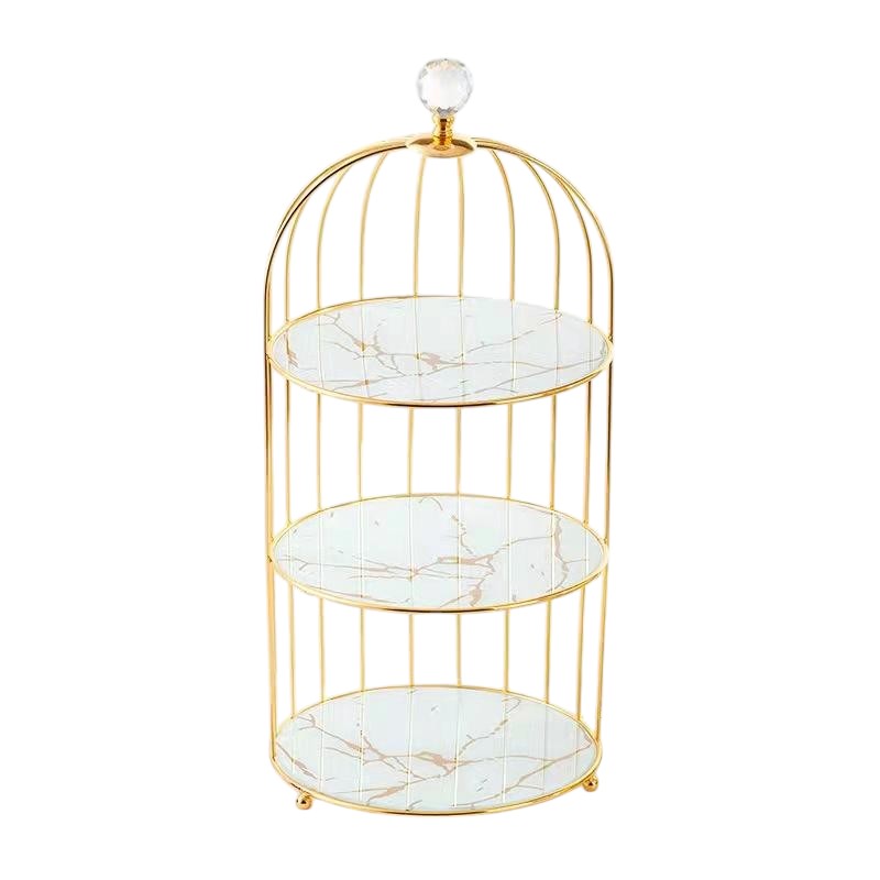 New Design Afternoon 3 Tier High Tea Cake Stand Golden Metal Birdcage Rack Wedding Marble Cake Stand