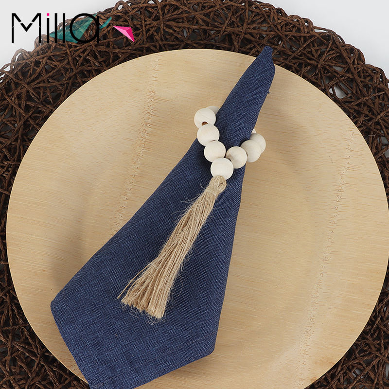 Natural Pastoral Wooden Bead Rope Tassel Napkin Ring