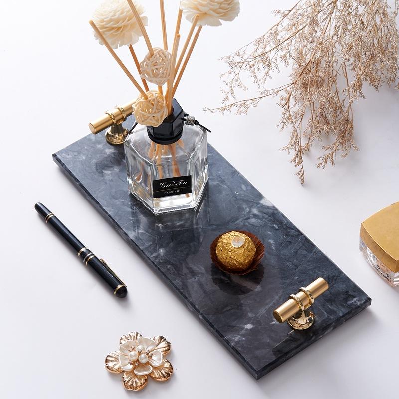 Decorative White Black Marble Candle Serving Tray With Gold Metal Handles