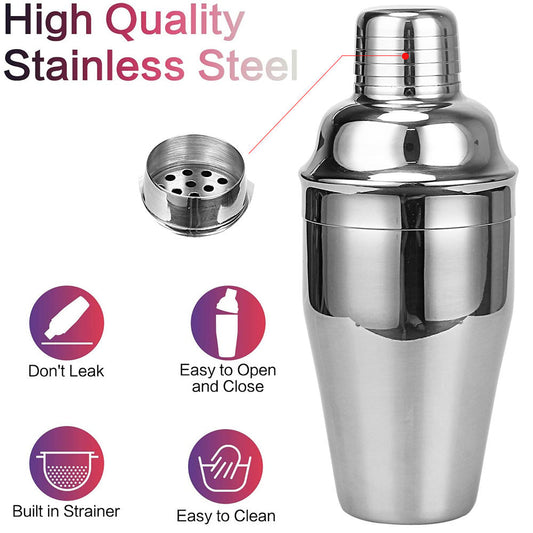 Cocktail Shaker Bartender Kit - Stainless Steel Shaker, Available in Silver, Rose Gold, and Gun Black, 10.5x10.5x22.7 cm Package, 0.550 kg Weight