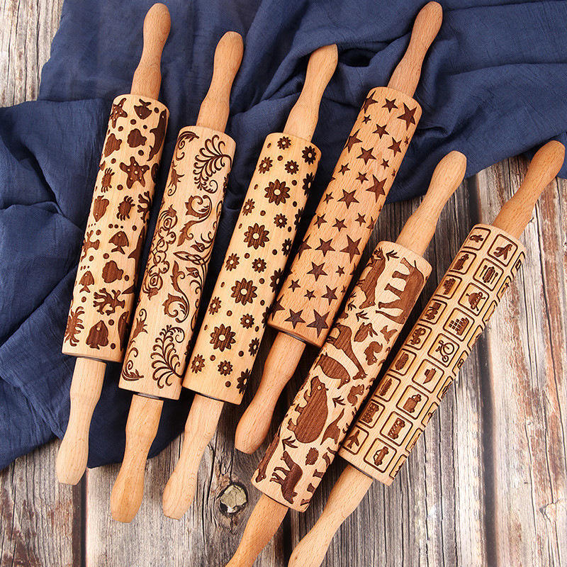 Wooden Christmas Embossed Rolling Pin Beech Reindeer Trees Patterns Christmas Tool