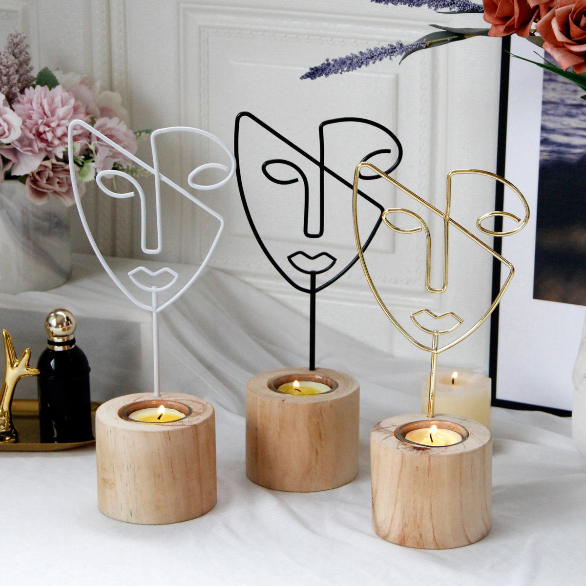 Northern European modern home decoration abstract art facial makeup Candlestick simple wind metal iron wooden candle cup