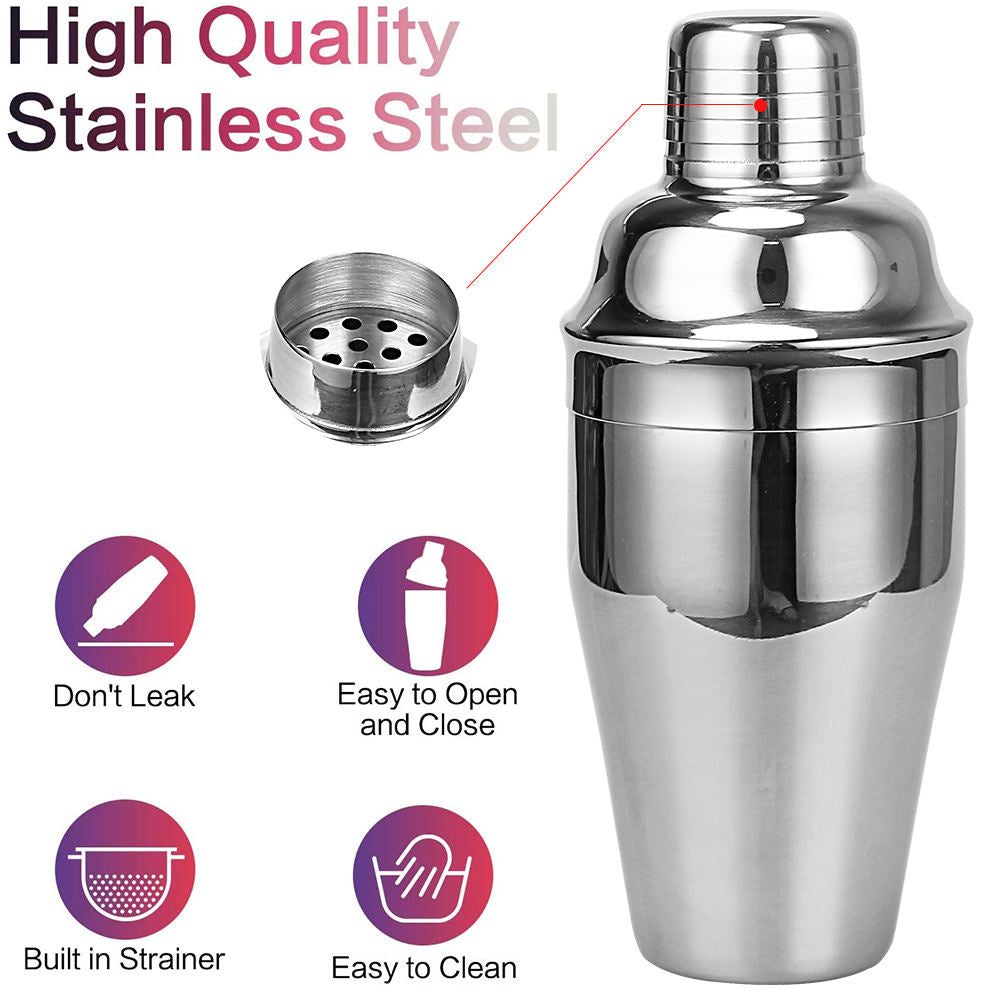 Cocktail Shaker Set Silver Bartender - Professional Stainless Steel Bar Tool Kit with Accessories for Mixing Drinks at Home or Bar - 750ml Capacity