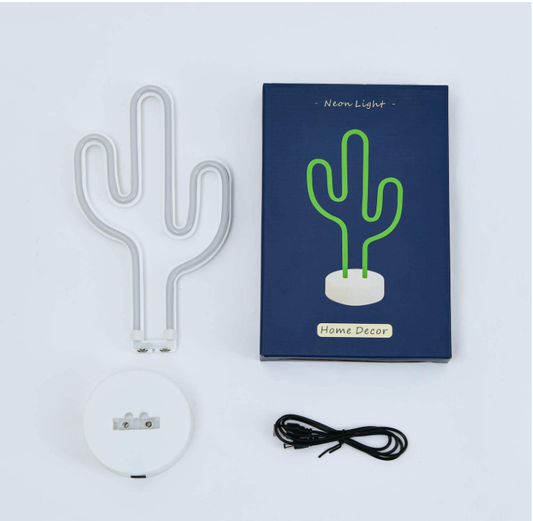 LED Cactus Neon Sign Lights with Stand Base, Battery or USB Powered, 28cm, IP20, 4000h Working Lifetime, Perfect for Home Decor, Parties, and Holiday Decorations, Green Neon Light