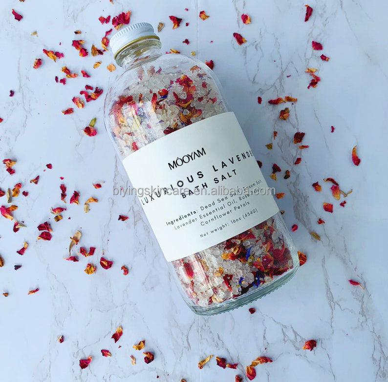 High Quality Bulk Large Bath Salts Himalayan Salt Lavender Jasmine Rose Bath Soak Bath Salts with Flowers