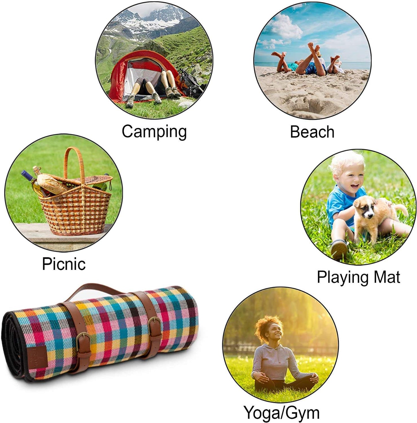 Jacob Multi-Color Picnic Blanket 200x200cm - Large Waterproof Outdoor Blanket for Beach, Camping, Park, and Family Picnics - Foldable and Easy to Carry with Built-In Handle