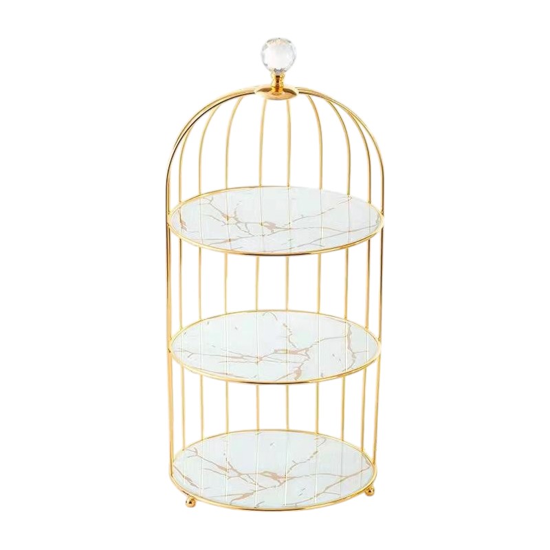 2-Tier Marble Dessert Stand with Metal Birdcage - Elegant Cake & Snack Display