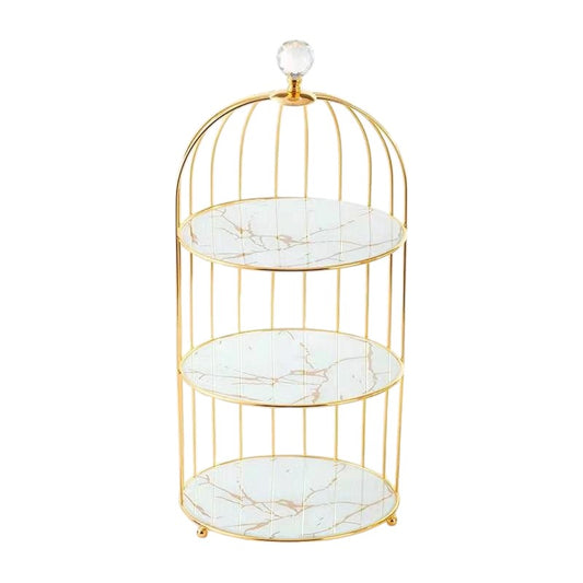 2-Tier Marble Dessert Stand with Metal Birdcage - Elegant Cake & Snack Display