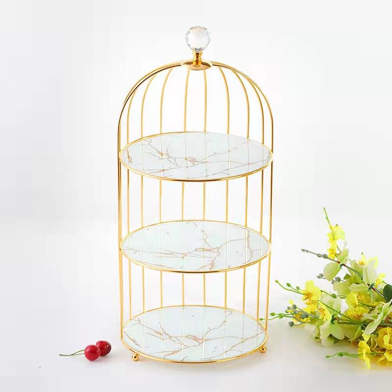 2-Tier Marble Dessert Stand with Metal Birdcage – Elegant Cake & Snack Display