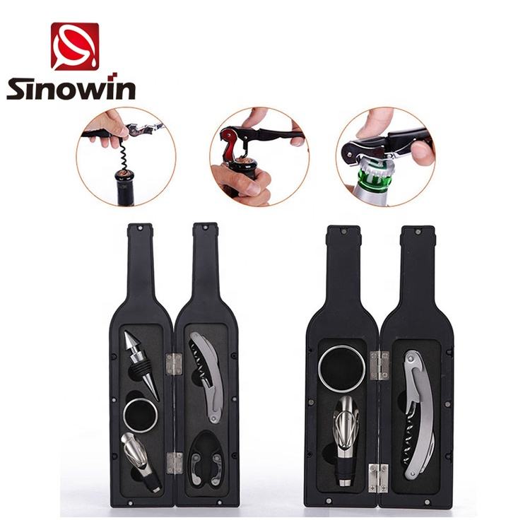 Customized logo 5 piece wine bottle shaped accessories gift set