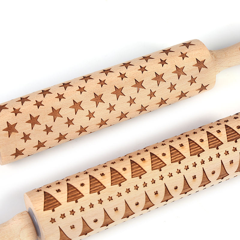 Wooden Christmas Embossed Rolling Pin Beech Reindeer Trees Patterns Christmas Tool