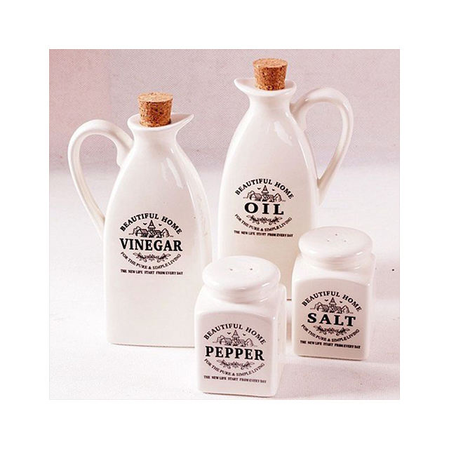 handmade glazed porcelain oil & vinegar bottles cork stopper with salt and pepper shakers