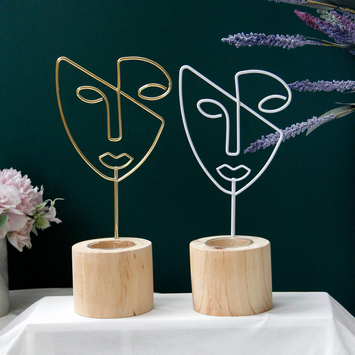 Northern European modern home decoration abstract art facial makeup Candlestick simple wind metal iron wooden candle cup