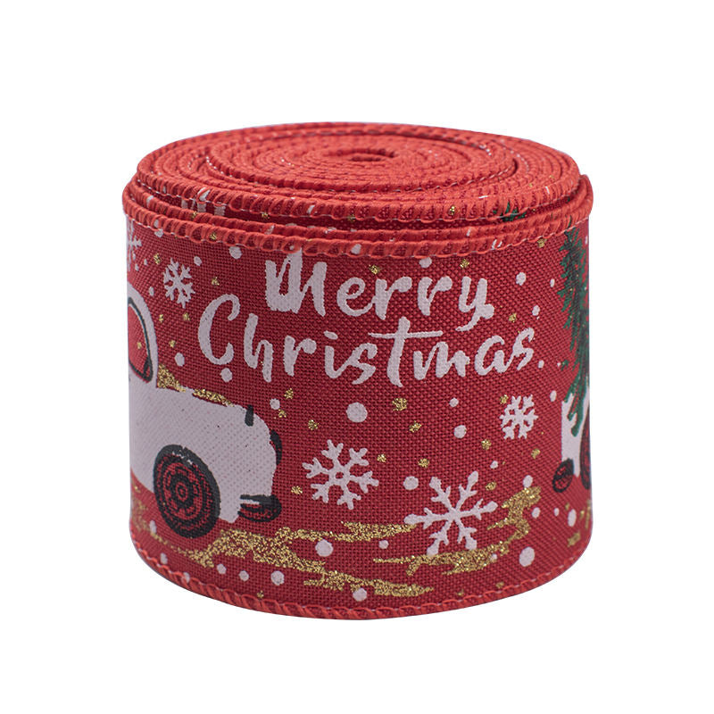 2.5 inch Custom Ribbon Christmas Snow Car Printed Logo Linen 5m Gold Ribbon Xmas Burlap Christmas Ribbon Wire Edge