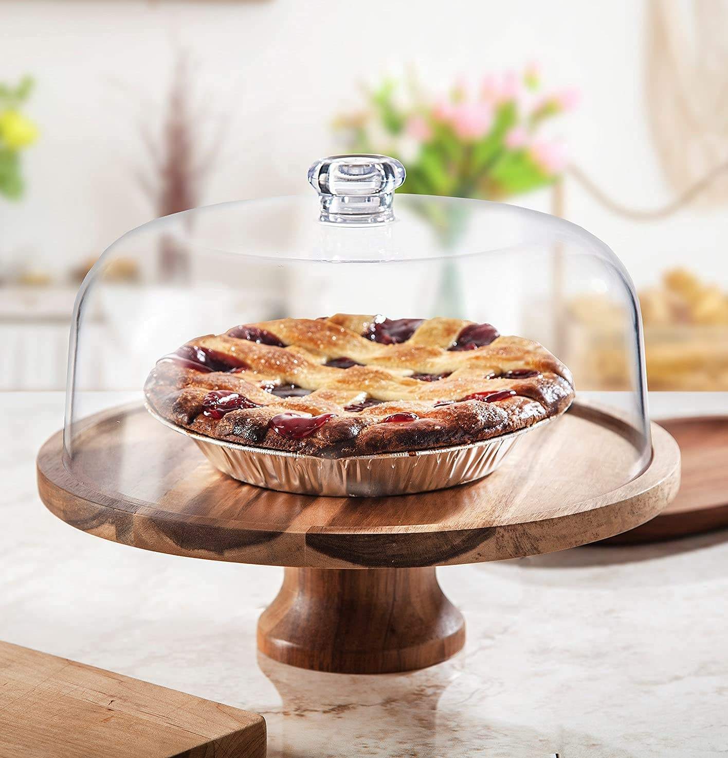 Cake Stand Cake Plate Server Platter with Dome, Acacia Wood wooden candle stick