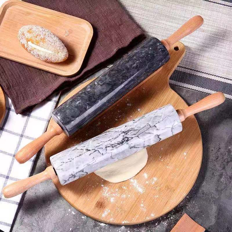 Marble rolling pin with wooden base; 
Diameter: 5cm;
Size:24.5cm; wood:10cm*2;