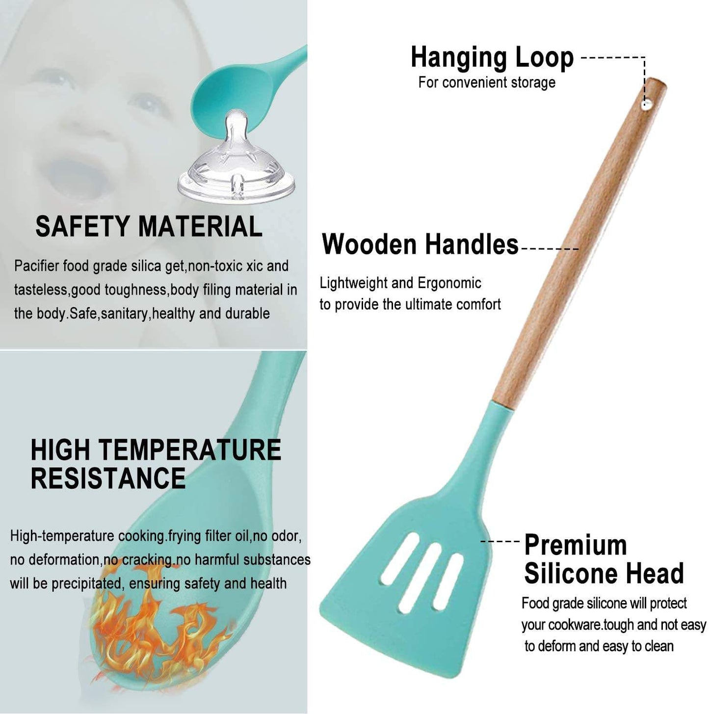 Nonstick Foodgrade Silicone & Bamboo Solid Spoon