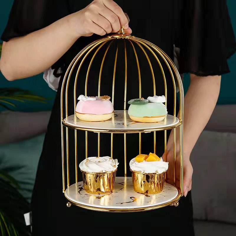 New Design Afternoon 3 Tier High Tea Cake Stand Golden Metal Birdcage Rack Wedding Marble Cake Stand