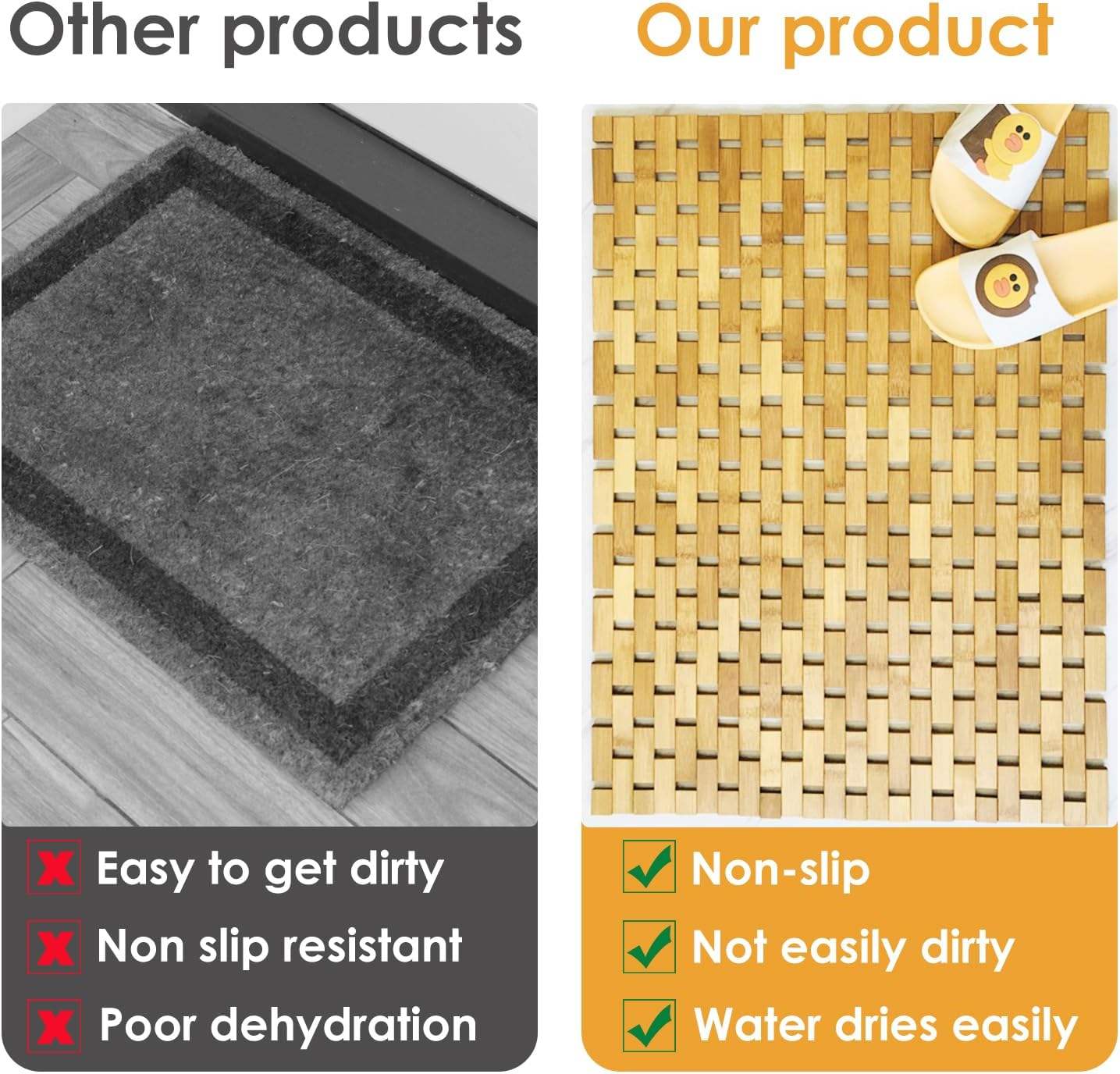 Bamboo Bath Mat Non-Skid Water-Repellent Runner Rug For Bathroom Natural Wood Bathroom Shower Foot Carpet Non Slip Fabric