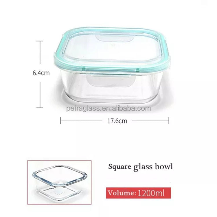 Food Storage Container 1200ml Square Clear Bento Glass Lunch Box Salad Bowl with Bamboo Cover