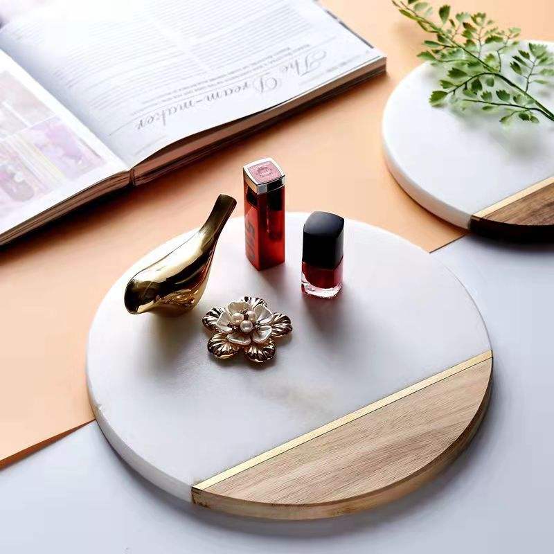 Marble and acacia tray with brass inlay ;size