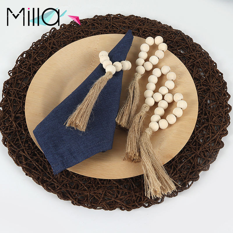 Natural Pastoral Wooden Bead Rope Tassel Napkin Ring