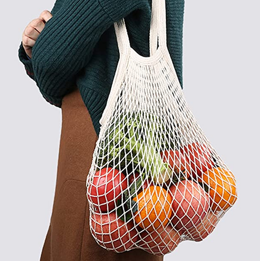 Natural Color 35X36CM Long Handle Eco Friendly Mesh Shopping Bag For Supermarket and Grocery Use