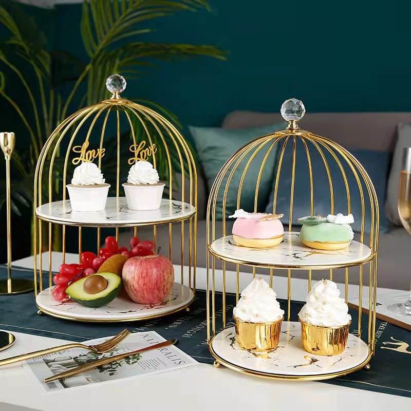 New Design Afternoon 3 Tier High Tea Cake Stand Golden Metal Birdcage Rack Wedding Marble Cake Stand