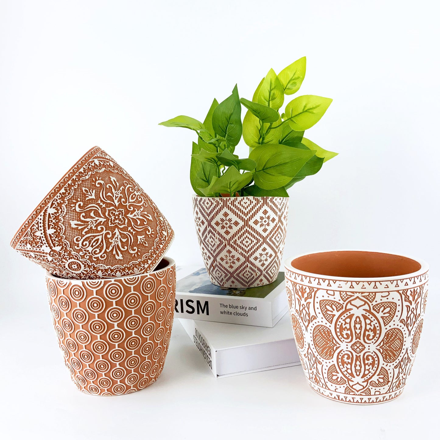 Orange Pattern Ceramic Flowerpot - Modern Design Style, Tabletop Vase, Eco-Friendly, 13.5x13.5x12.5cm