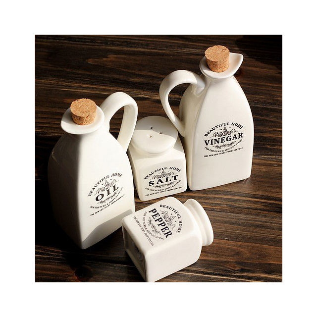 handmade glazed porcelain oil & vinegar bottles cork stopper with salt and pepper shakers