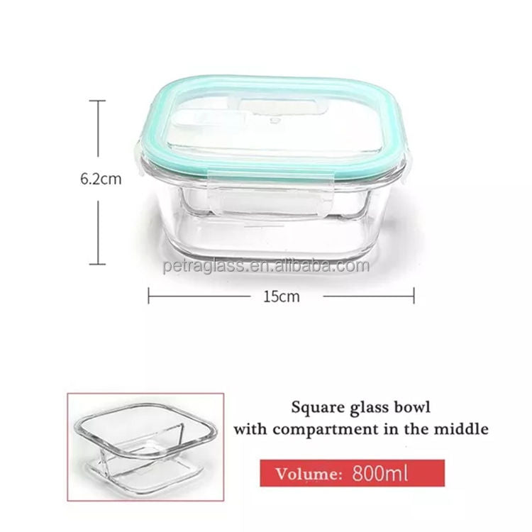 Food Storage Container 1200ml Square Clear Bento Glass Lunch Box Salad Bowl with Bamboo Cover