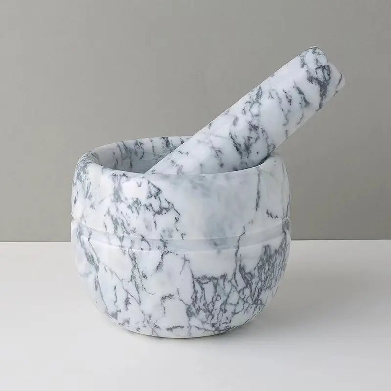 Marble mortor and pestle;
Size: 13*13*9cm; 
Pestle: R5*15cm;