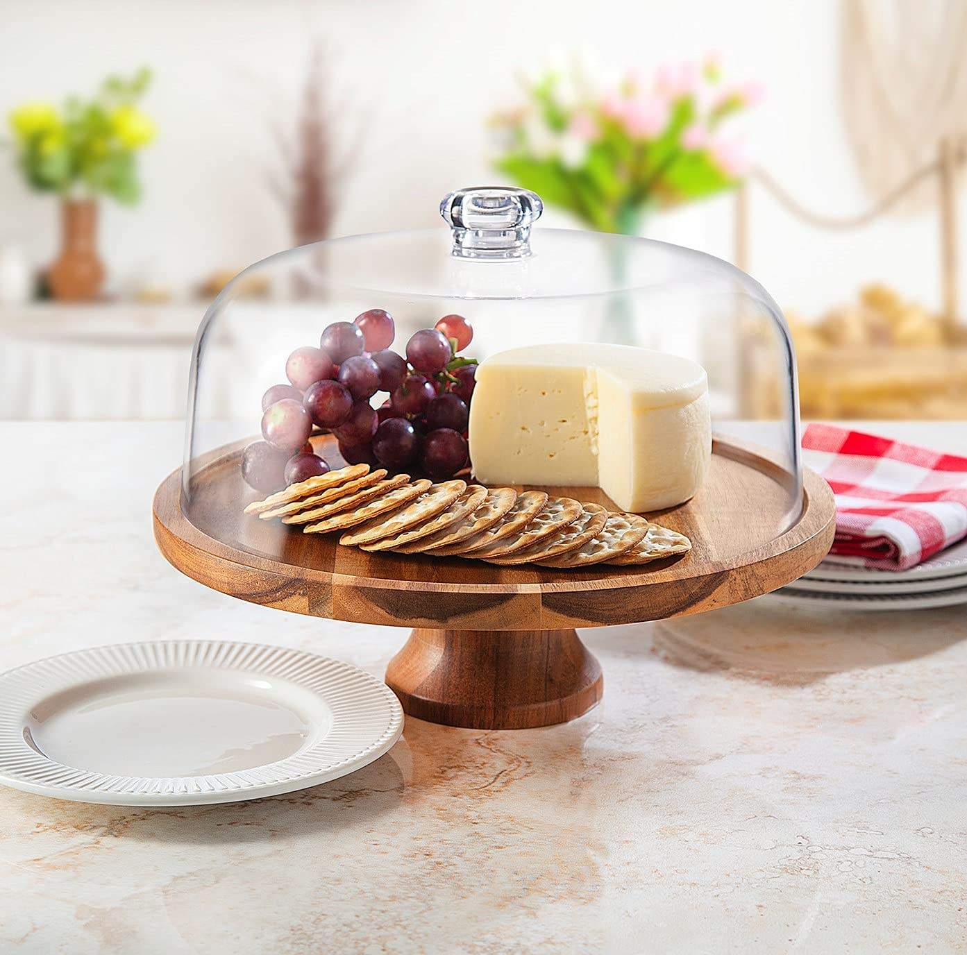 Cake Stand Cake Plate Server Platter with Dome, Acacia Wood wooden candle stick