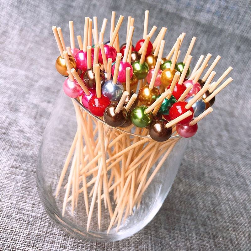 Bamboo Cocktail Picks Decorative Pearl Beads Bamboo Cocktail Skewers