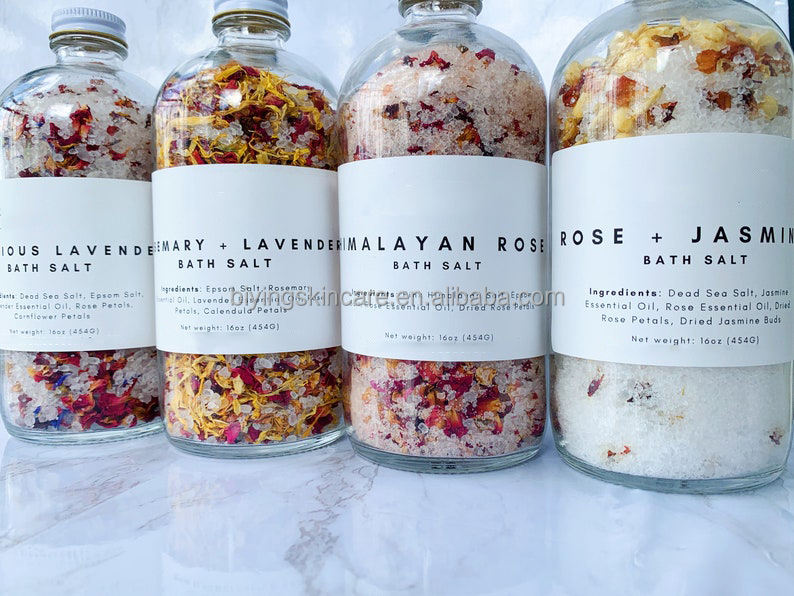 High Quality Bulk Large Bath Salts Himalayan Salt Lavender Jasmine Rose Bath Soak Bath Salts with Flowers