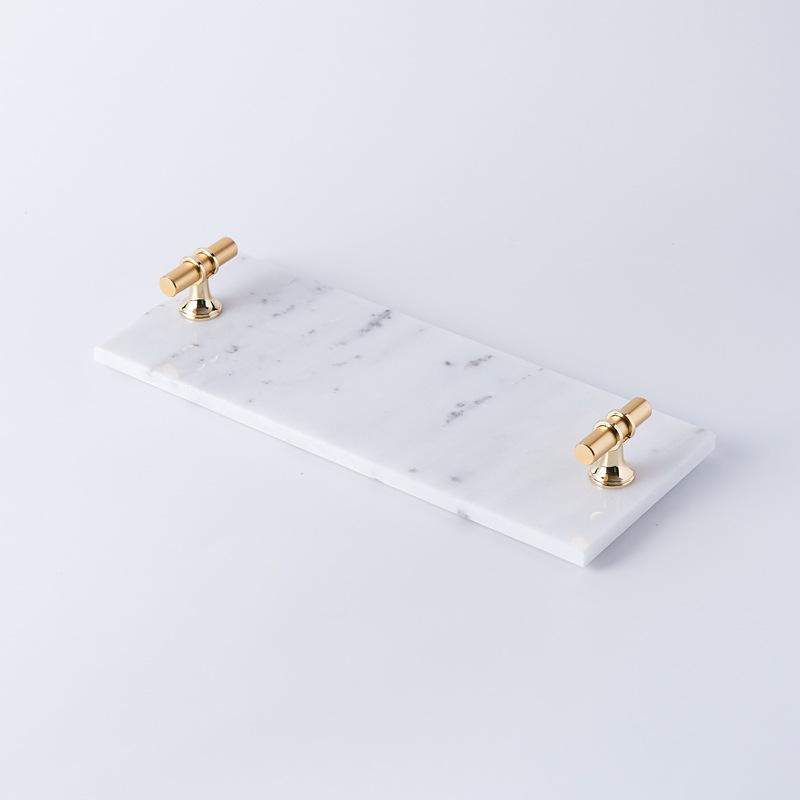 Decorative White Black Marble Candle Serving Tray With Gold Metal Handles