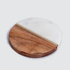 Marble and acacia tray with brass inlay