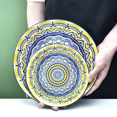 Wholesale household 1.50 inch ceramic food soup fruit Hand painted coloured glaze round deep shallow bohemian plate