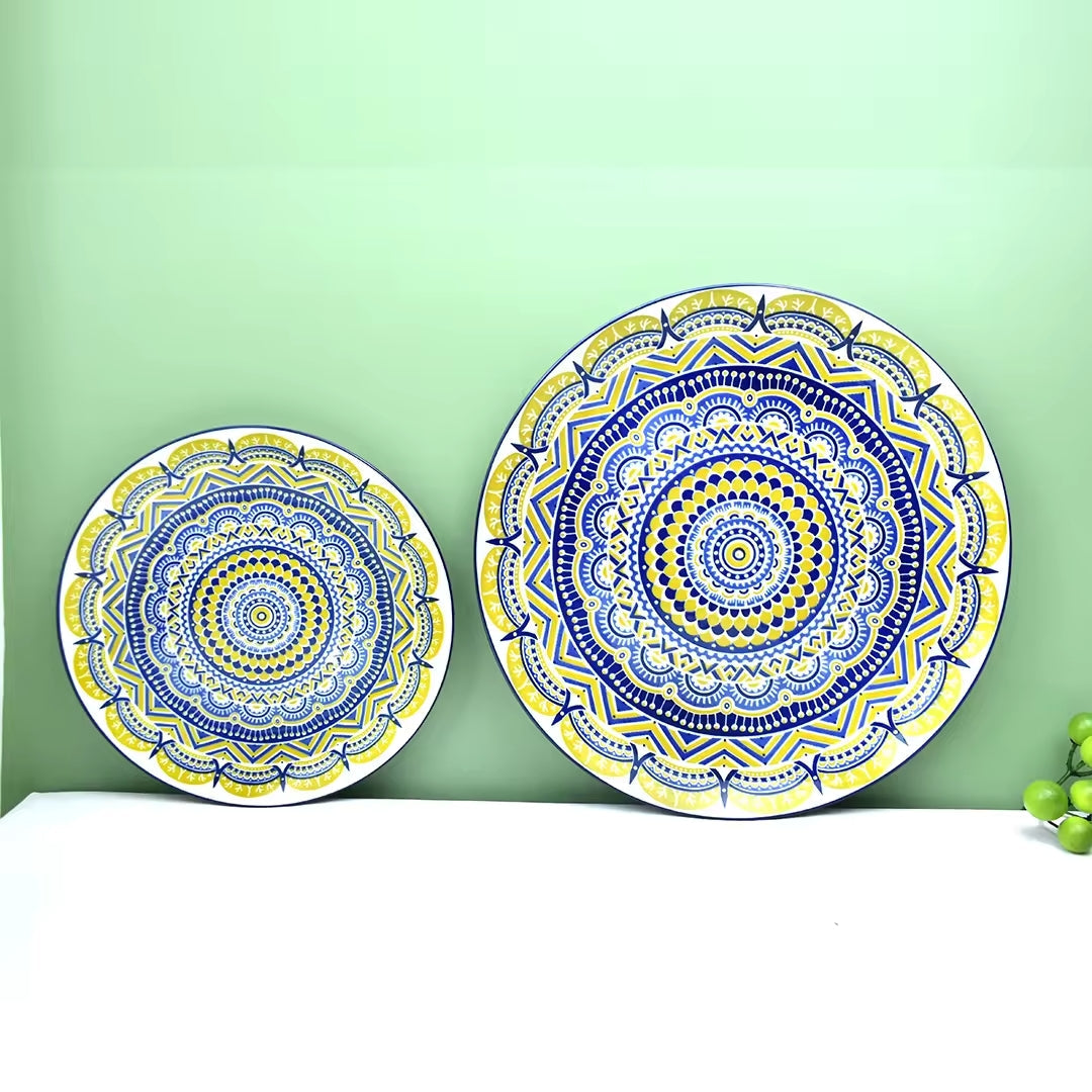 Wholesale household 1.50 inch ceramic food soup fruit Hand painted coloured glaze round deep shallow bohemian plate