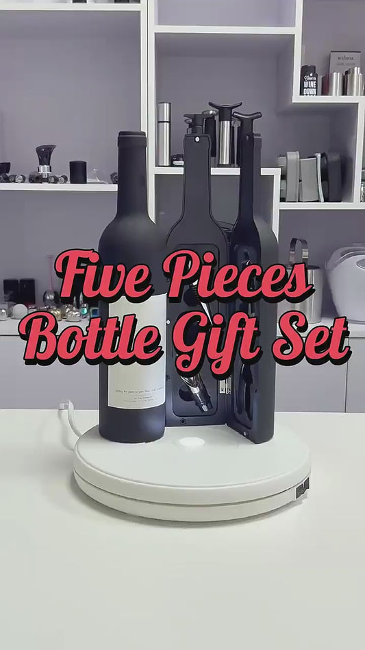 Customized logo 5 piece wine bottle shaped accessories gift set