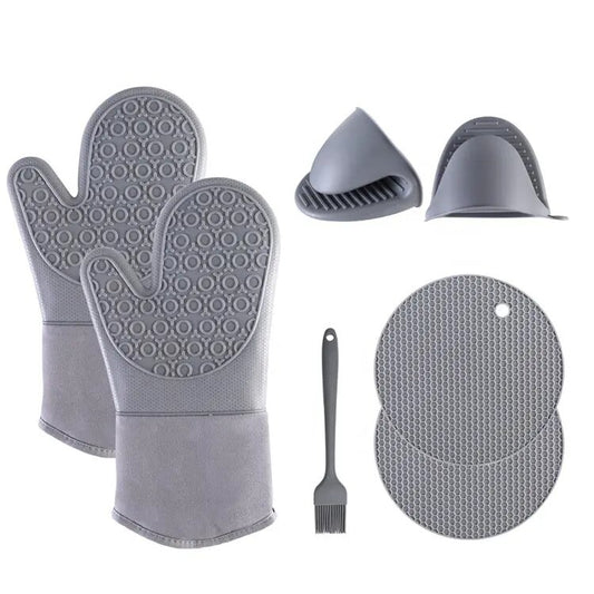 Set of 7 Heat Resistant Silicone Gloves - Gray Cotton Oven Mitts for Safe Cooking and Baking