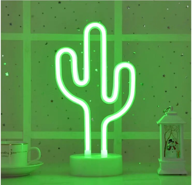 LED Cactus Neon Sign Lights with Stand Base, Battery or USB Powered, 28cm, IP20, 4000h Working Lifetime, Perfect for Home Decor, Parties, and Holiday Decorations, Green Neon Light