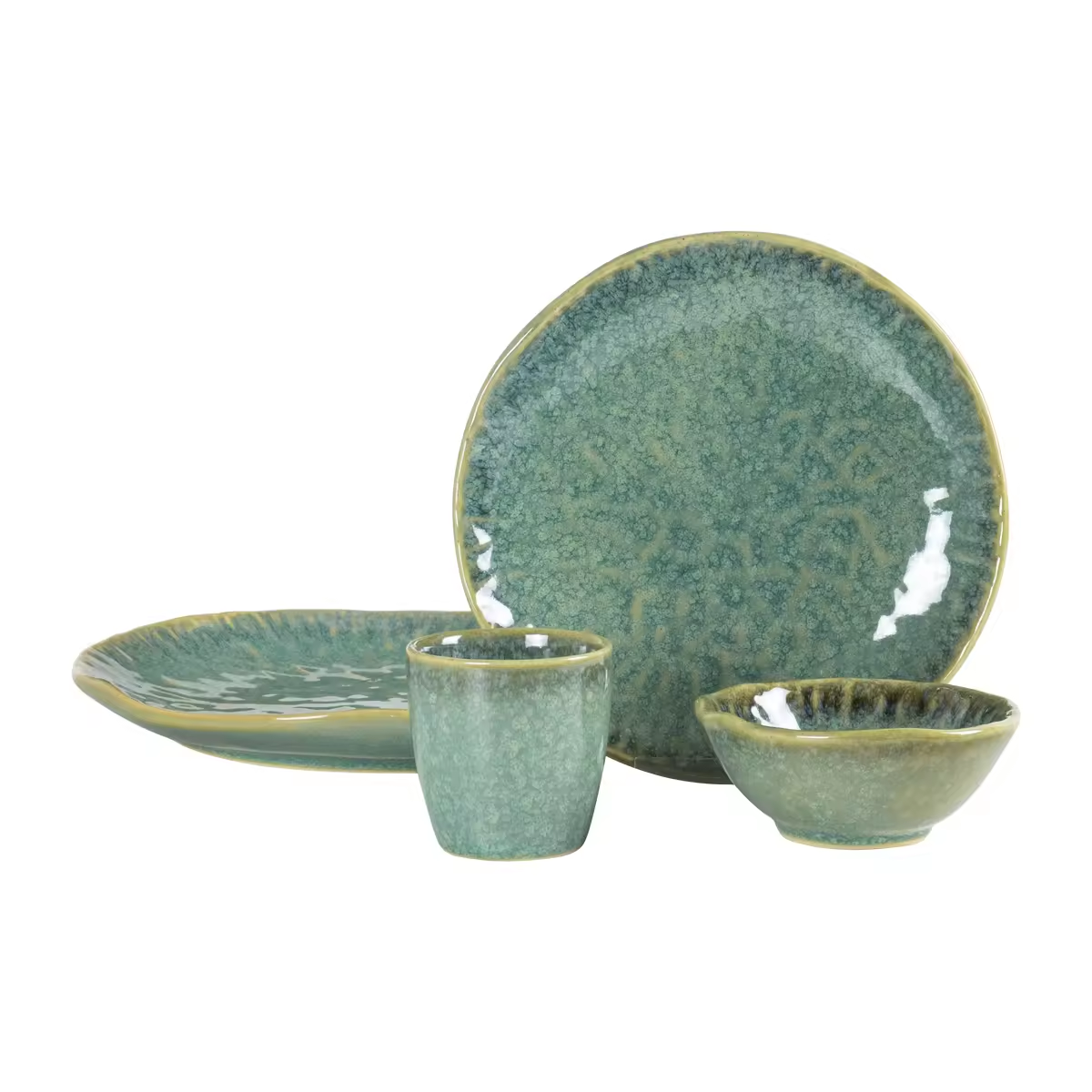 Embossed Crystal Green set of 16 Piece stoneware Crockery