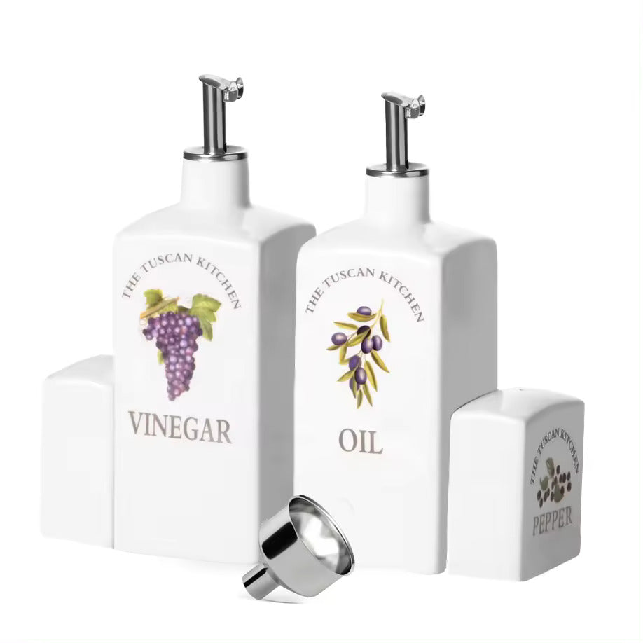 Tuscan Kitchen Porcelain Oil and Vinegar Dispenser Set 16 oz With Oil Pourer