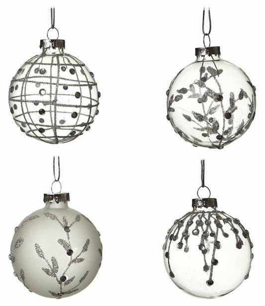 Set of 4 Glass and Silver Baubles