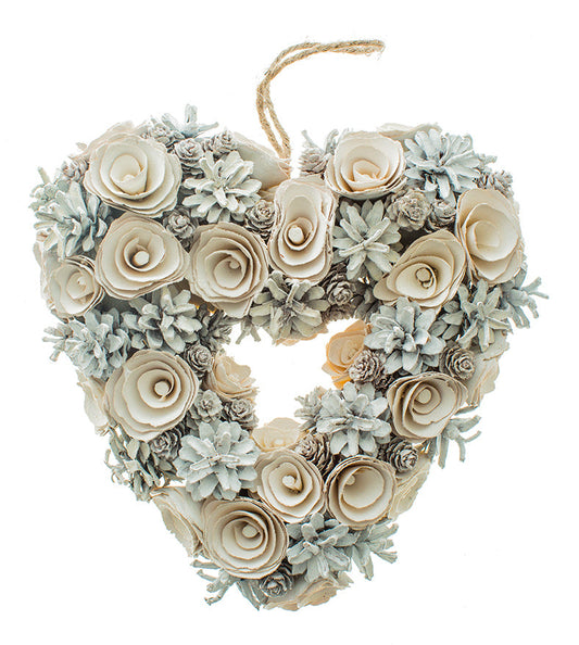 White Pinecone Heart Wreath 30cm