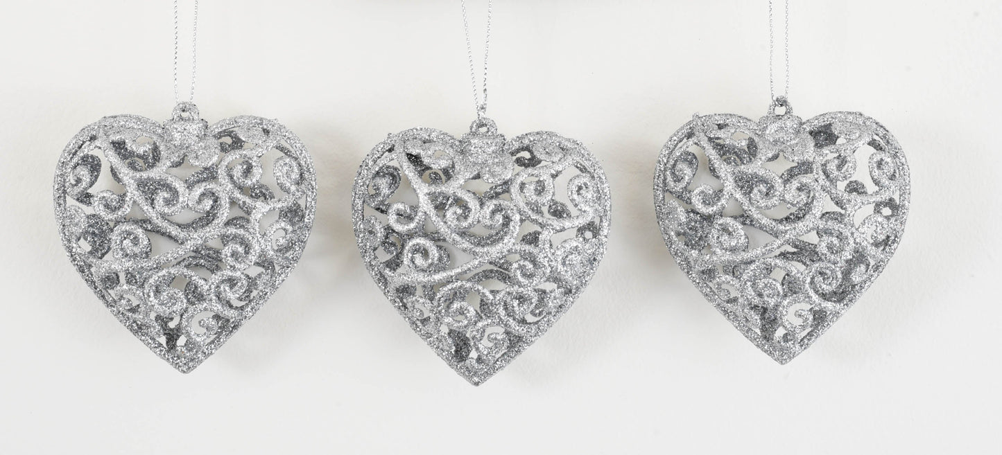 SILVER SPARKLE HEART HANGER S/3