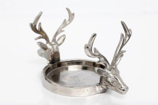 Double Stag Head Silver Candle Holder