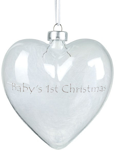 Feather Filled Glass Heart - Baby First Christmas, 12cm