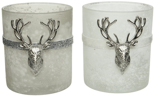 White Frost & Silver Stag Candle Holders, 10cm